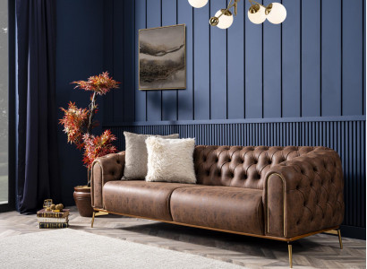 Chesterfield Viersitzer Sofa 4 Sitzer Sitz Polyester Braun Kunstleder